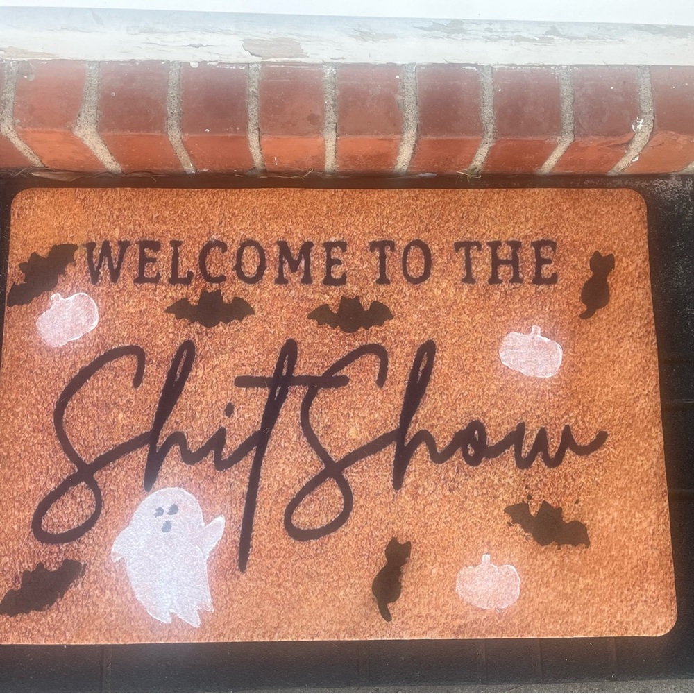 Halloween Welcome Mat with Ghost and Pumpkin Design
